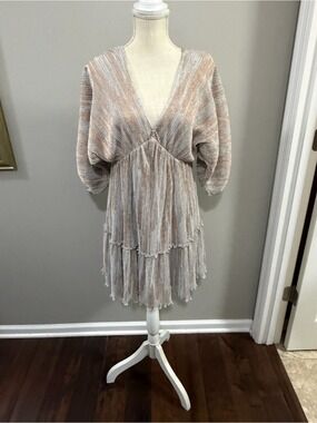 Big Water Blue Sky Mini V-Neck Metallic Pleated Dress in Blue-Gold.